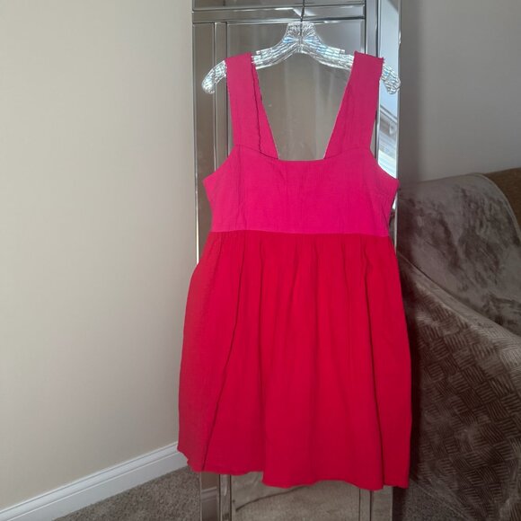 NEW Natural Life Boho Mini Dress Size Large Red Pink Colorblock Cotton Elastic - Picture 2 of 9